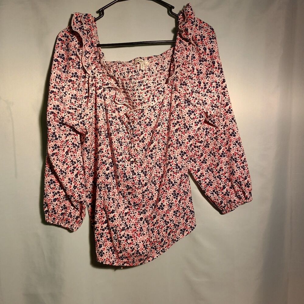 Women’s Floral Ruffle Peasant Blouse Size 1XL– Pink Red Navy Smocked Boho Top